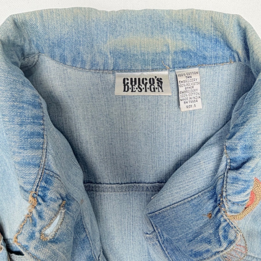 Y2K Chicos Embroidered Cotton Denim Medium Women Jacket Boho Artsy Festival - Picture 4 of 12